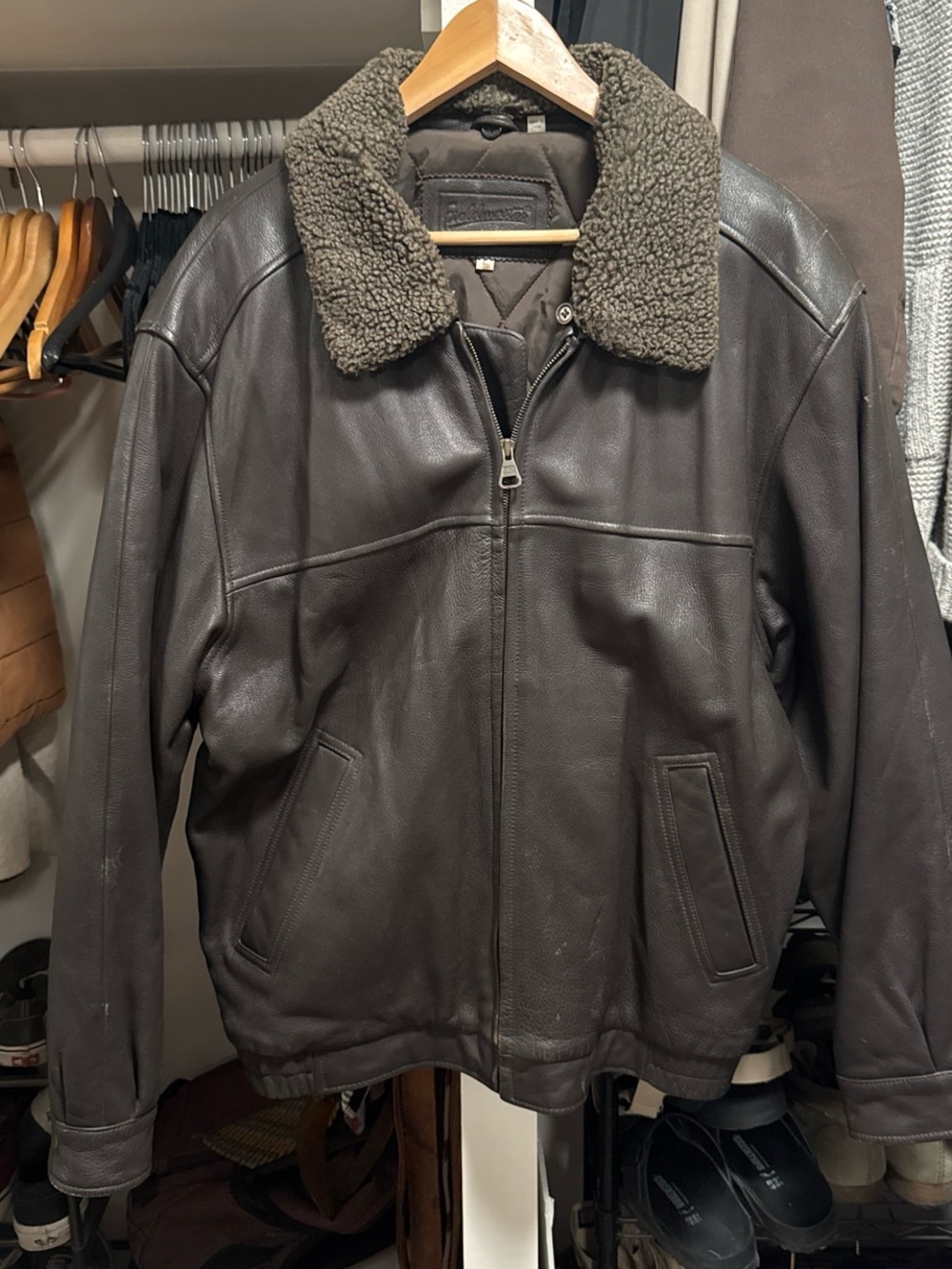 Men's Dark Brown Leather Jacket with Sherpa Collar